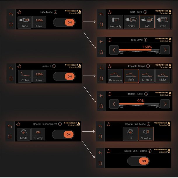 Screenshot af de forskellige menuer i Foto af Ferrum Audio WANDLA Golden Sound Gen 2