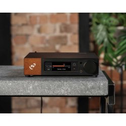 Et foto af Ferrum Audio Wandla HP p� et bord med en murstensv�g og en plante i baggrunden