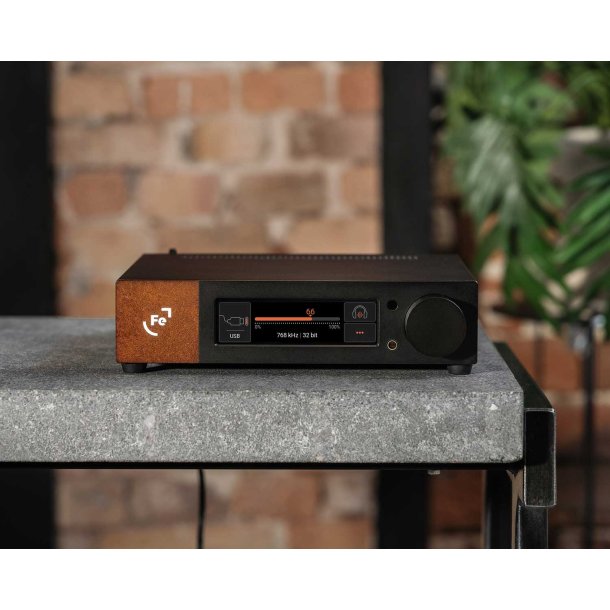 Et foto af Ferrum Audio Wandla HP p� et bord med en murstensv�g og en plante i baggrunden