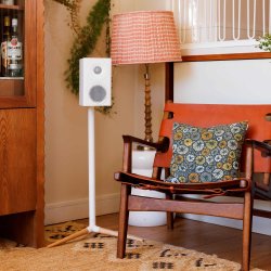 Monitor Audio Radius 3 4G p� en stander i et retro stuemilj�